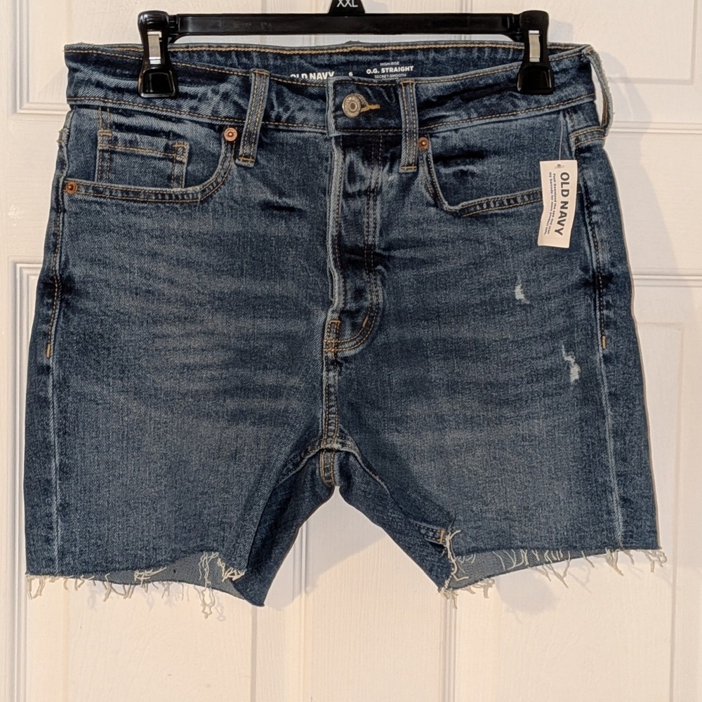 Old Navy OG Straight High Rise Denim Shorts Medium Wash Blue Raw Hem Size 6 NEW